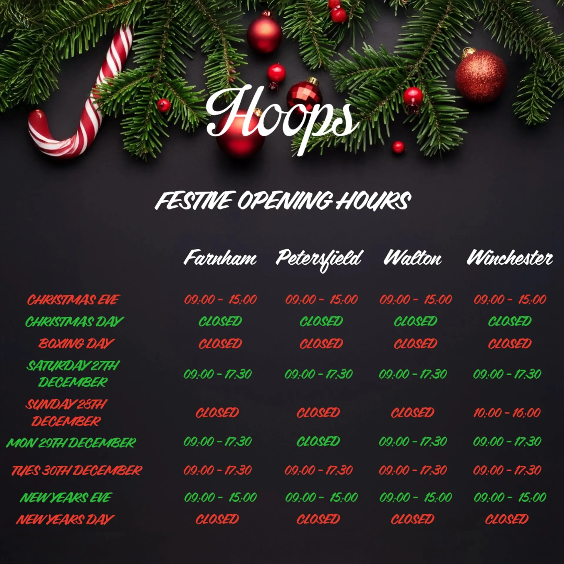Hoops Christmas opening hours
