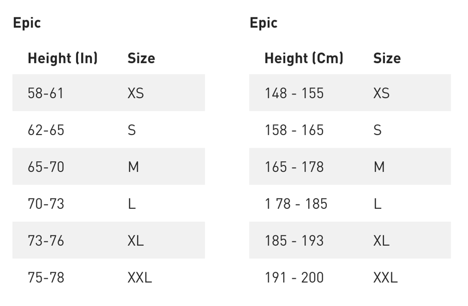 Specialized Epic HT 2026 Size Guides