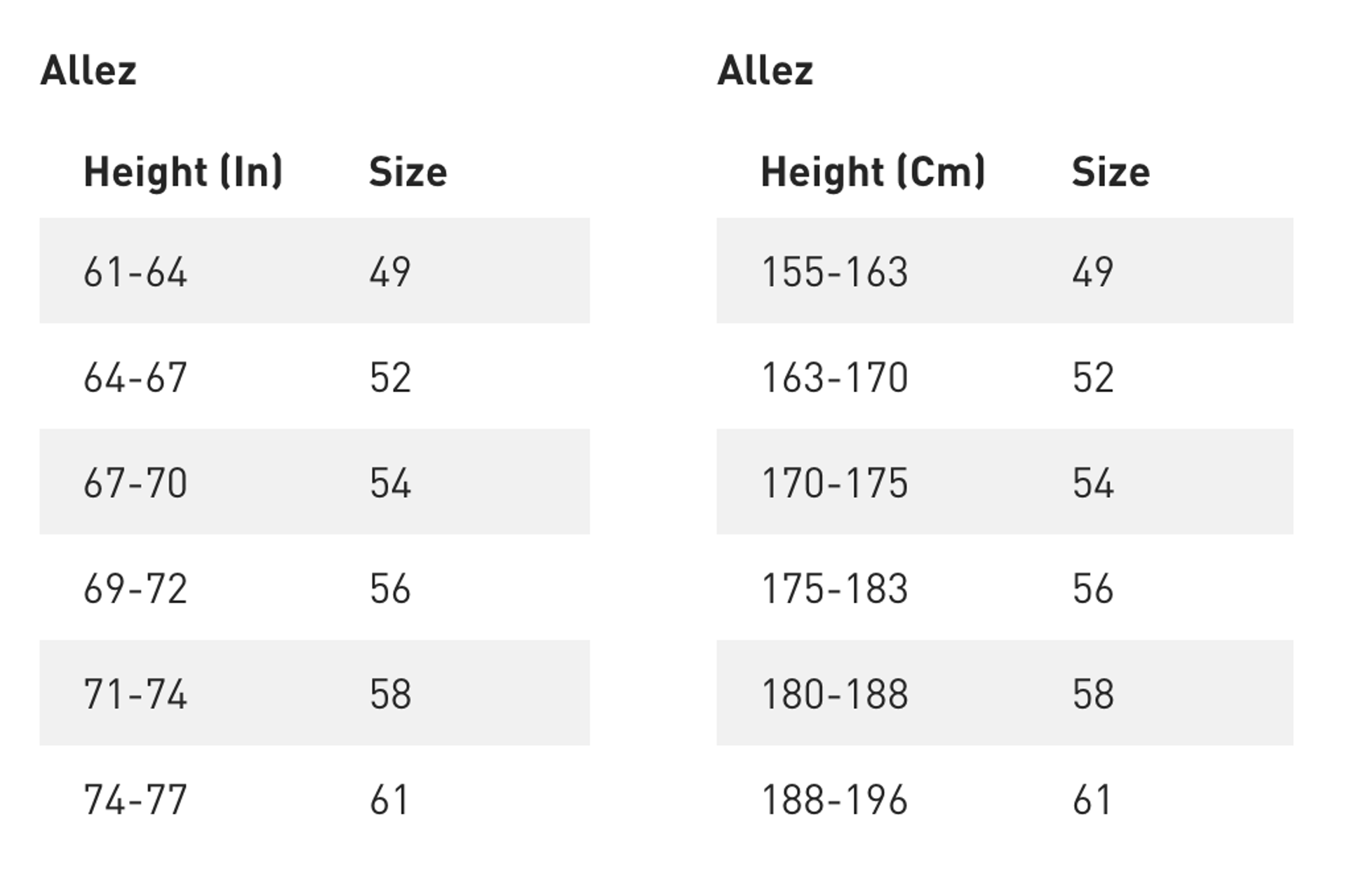 Specialized Allez 2026 Size Guides