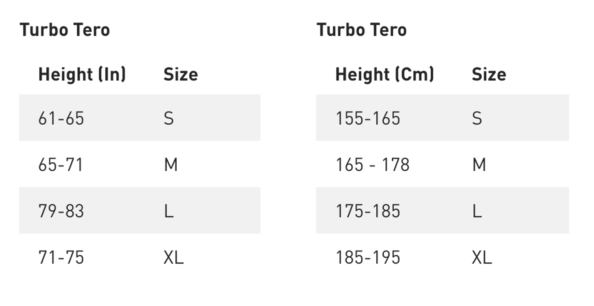 Specialized Tero 2026 Size Guides