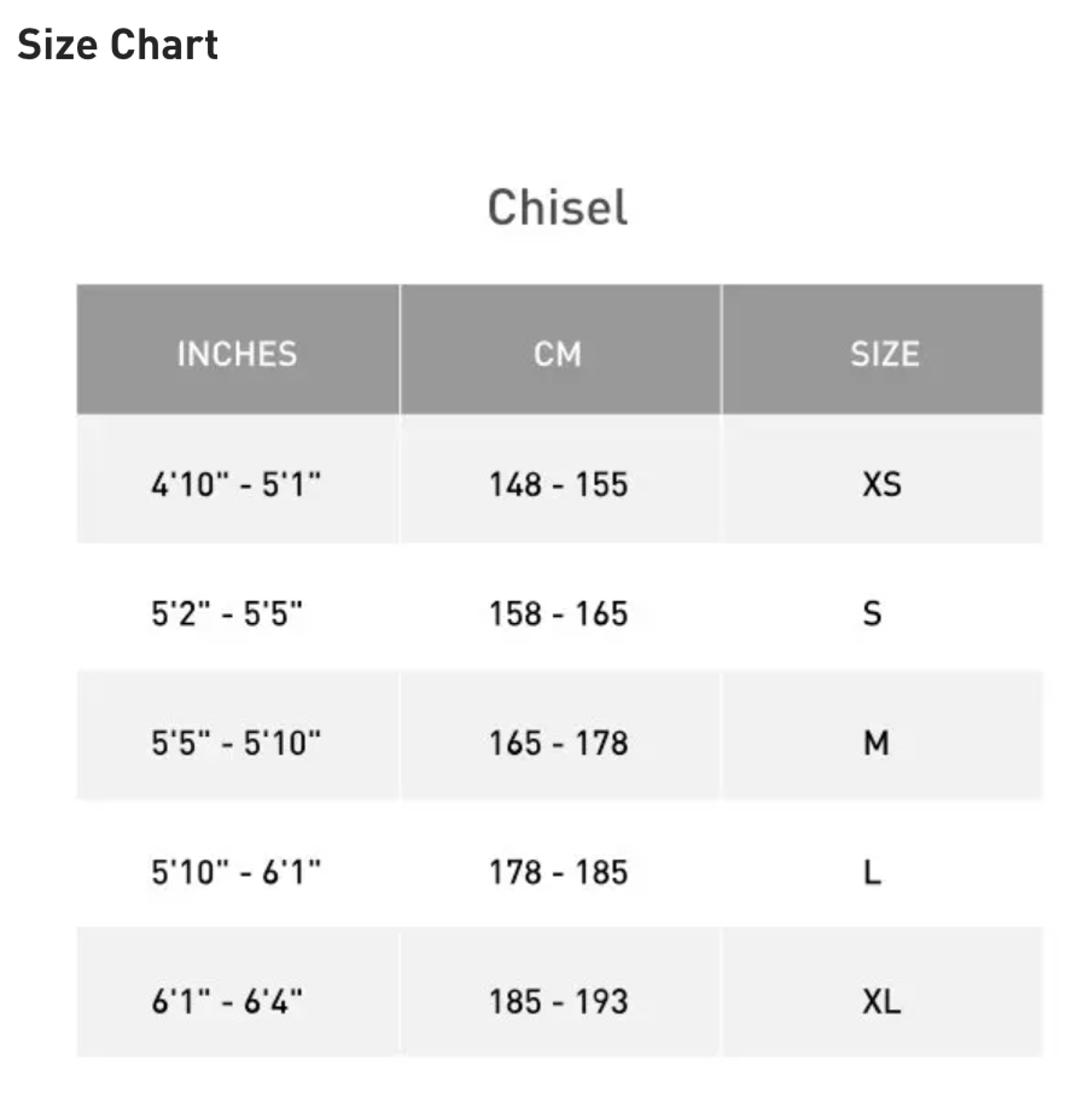Specialized Chisel 2026 Size Guides