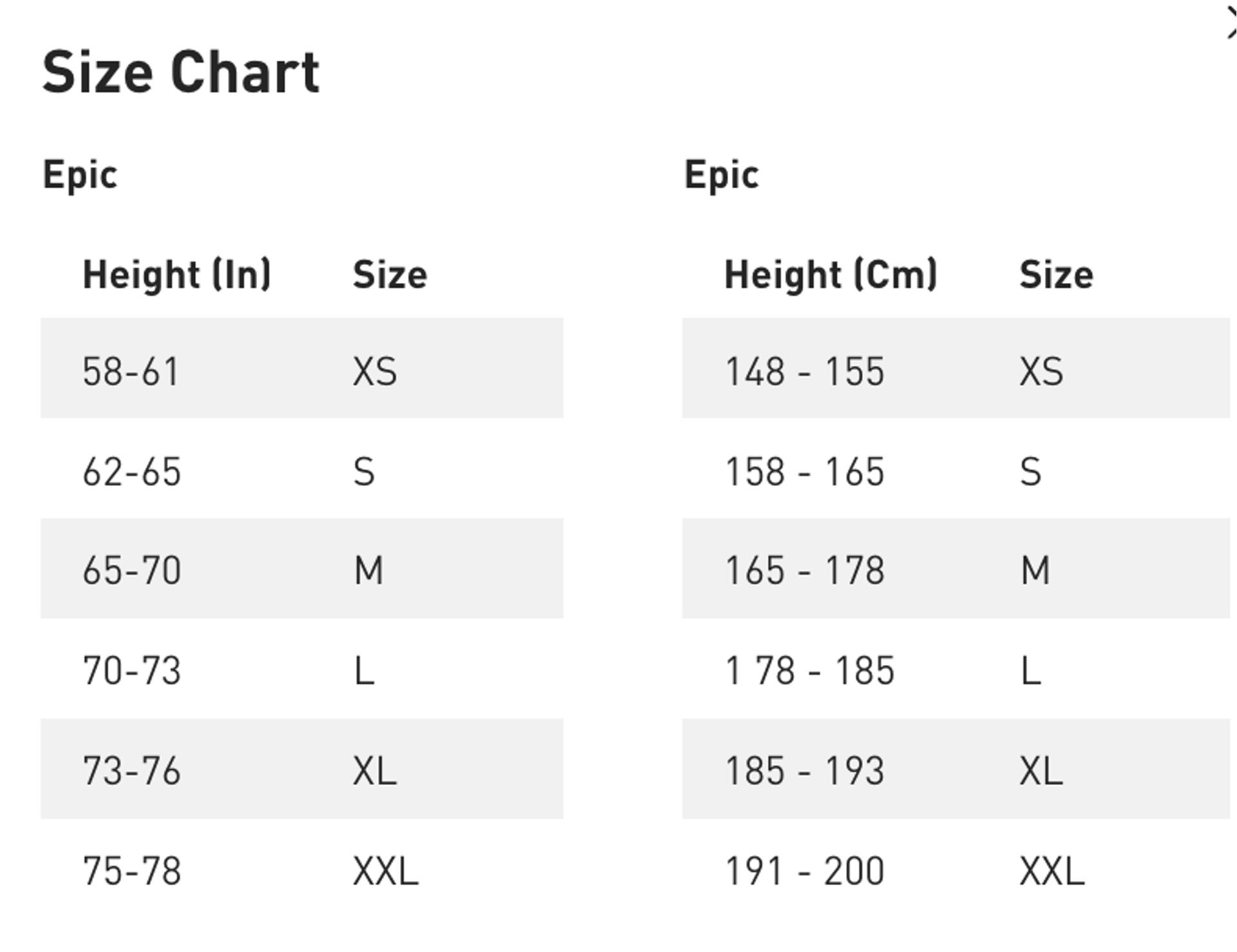 Specialized Epic 2026 Size Guides