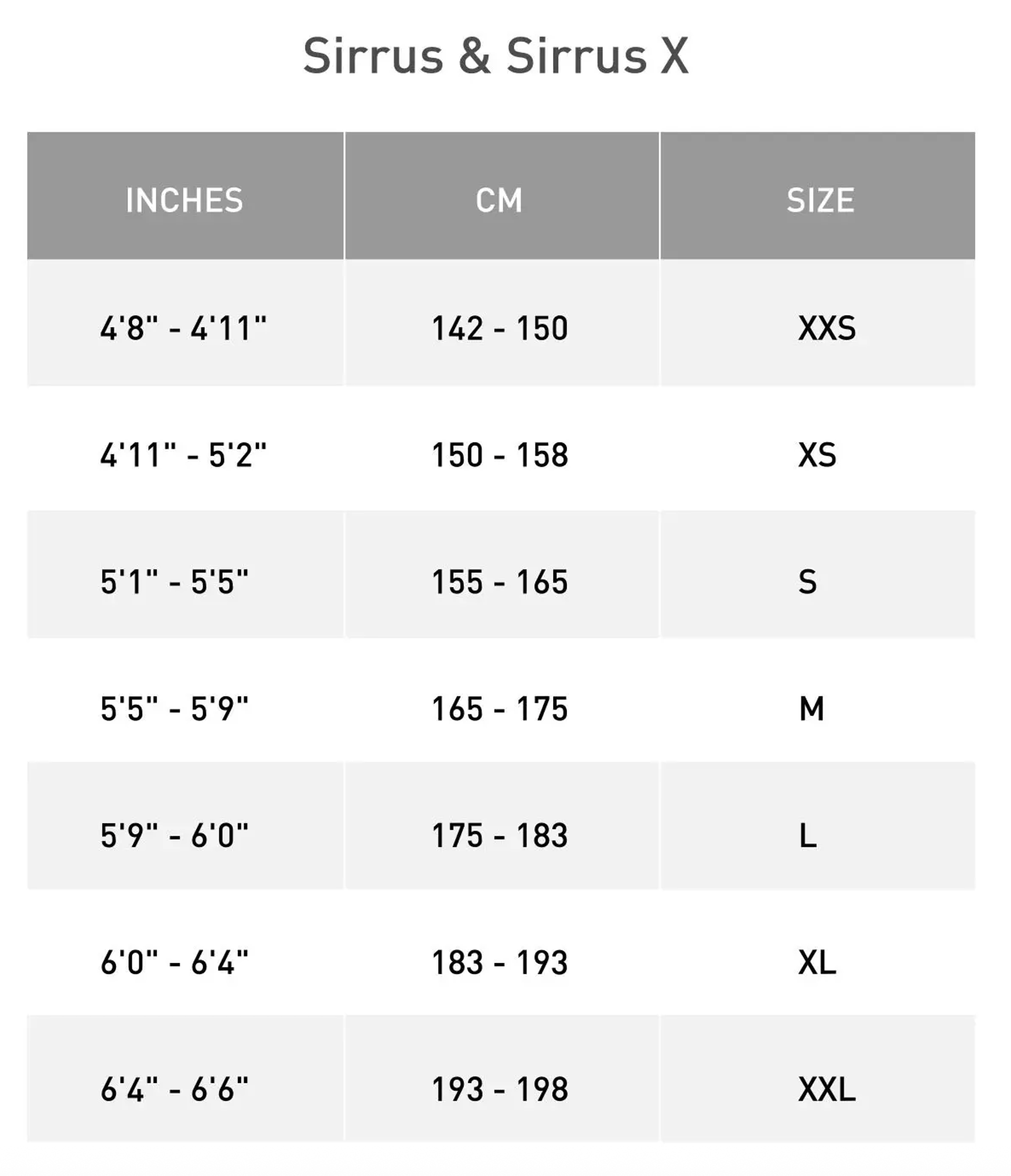 Specialized Sirrus X 2026 Size Guides