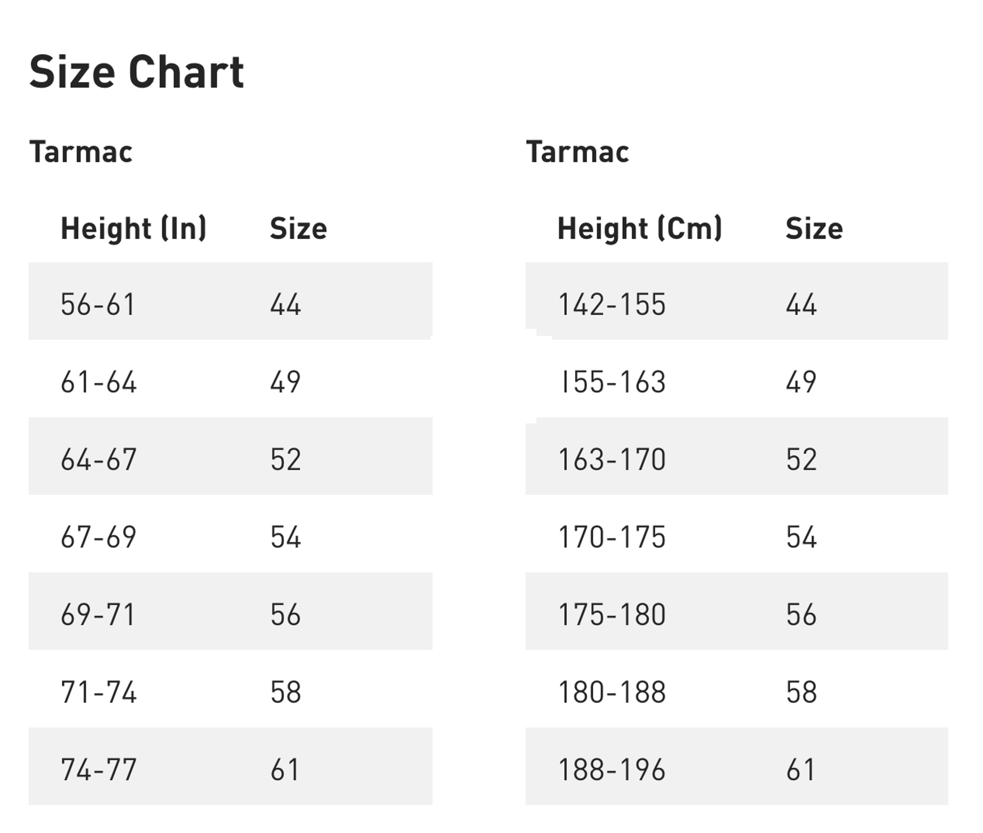 2027 Specialized Tarmac Size Guide